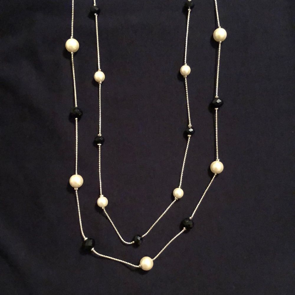 Beautiful Double Strand Sterling Silver Necklace Black Beads and Pearls